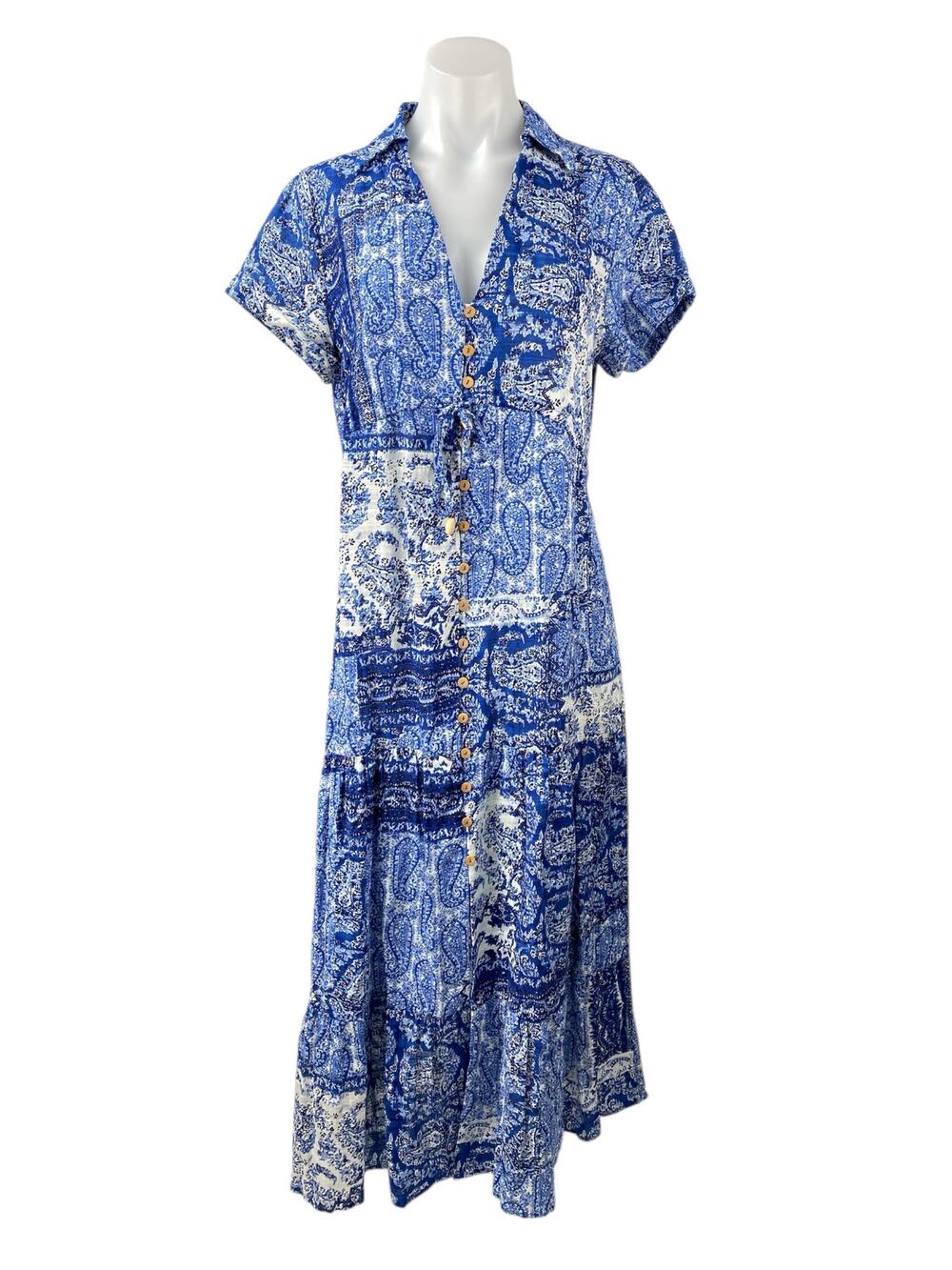 ZARA Blue White Paisley Short Sleeve Button Down Collared Midi Shirt Dress Sz S